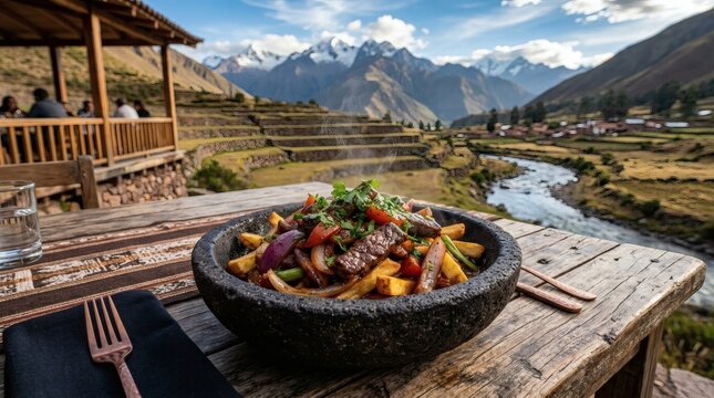 Peruvian Lomo Saltado Beef Dish Andes Mountain Landscape Travel