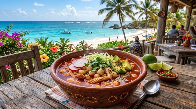 Pozole Soup Mexican Dish Tropical Beach Ocean Landscape Dining