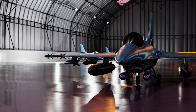 Modern fighter jet parked inside an aircraft hangar