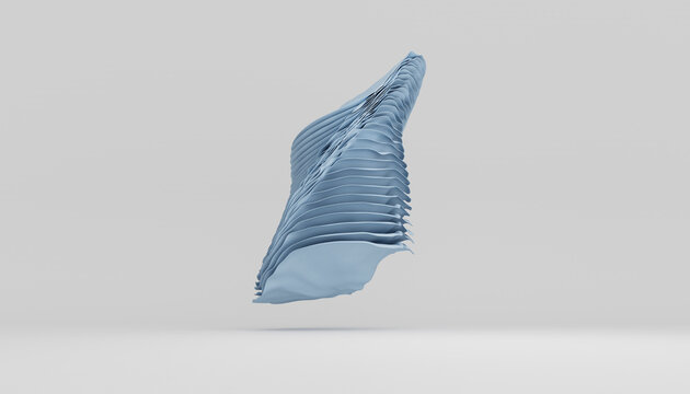 Abstract blue fabric sculpture floats in a minimalist space