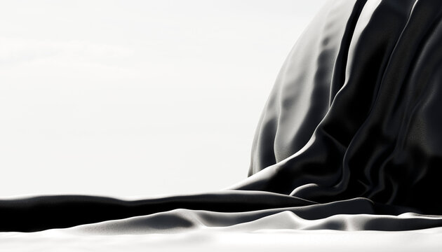 Black flowing fabric creates an abstract shape on a white background