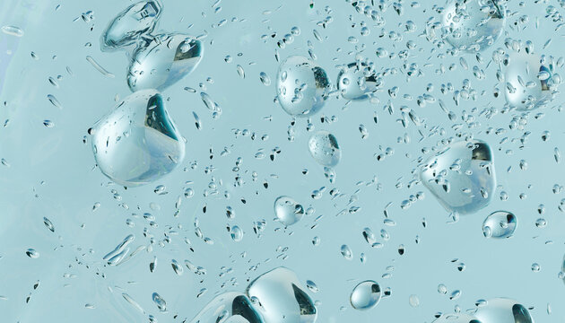 Clear water bubbles float in a light blue liquid background