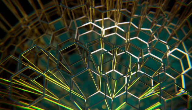 Glowing 3D geometric honeycomb mesh representing digital network