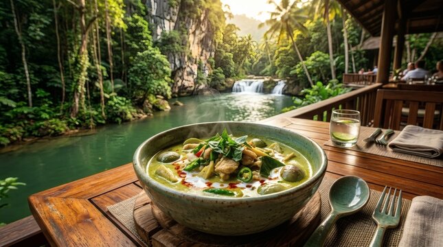 Thai Green Curry Dish Tropical Jungle Waterfall Landscape Dining