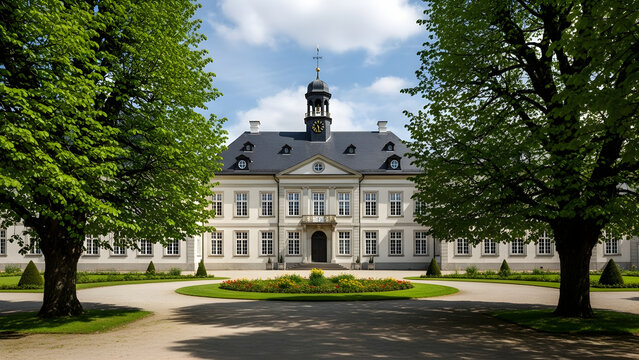 Grand Historical Manor House Architecture Surrounded by Lush Green Trees and Manicured Gardens on a Sunny Day