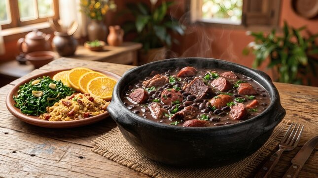 Brazilian Feijoada Black Bean Stew Rustic Table Cooking Food