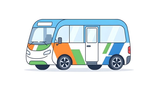 Flat vector illustration of a modern mini bus or city shuttle in blue, orange, and green on a white background.