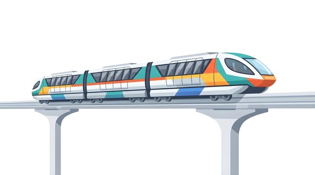 Flat vector illustration of a modern elevated monorail or high-speed train commuting on a railway track.