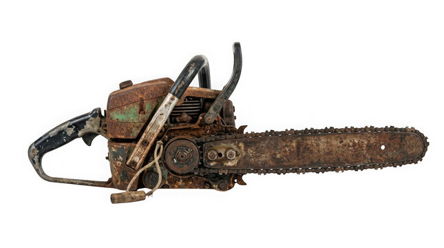 Old rusty chainsaw isolated on transparent background
