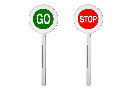 Two Handheld Traffic Control Paddles with Green Go and Red Stop Signs