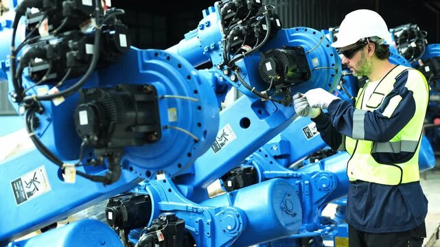Male robotics engineer knowledge skills inspect electrical systems power supplies and sensors welding robots various points ensure quality welding robot before performing full electrical system test.