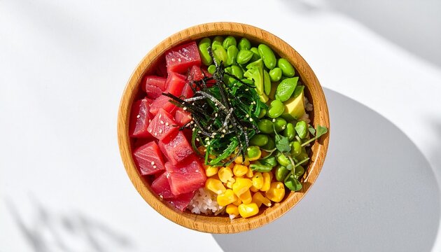 A vibrant and healthy poke bowl with fresh tuna, edamame, corn, avocado, and seaweed on a white background.