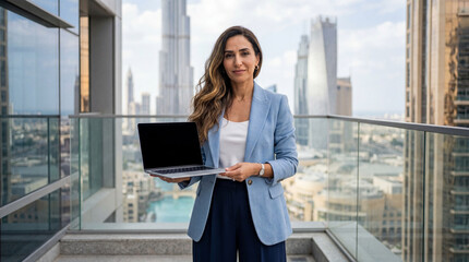 Fototapeta premium Businesswoman holding laptop on high rise balcony with city skyline background remote work concept