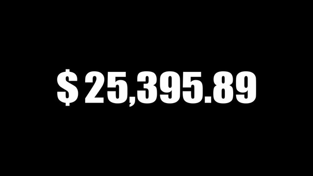 White dollar amount twenty five thousand three hundred ninety five dollars and eighty nine cents on a solid black background