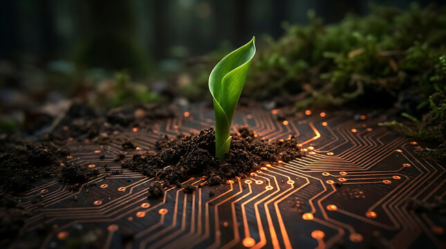 Tech 🌱 in Nature: A young seedling sprouts from rich soil, its delicate leaves unfurling above a detailed circuit board, symbolizing the harmonious integration of technology and the natural world.