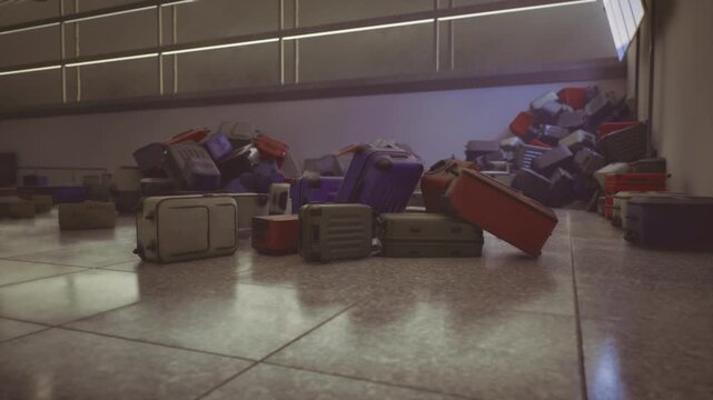 Piled suitcases forming chaotic heap on terminal floor, scattered tags and stacked cases, dim interior lighting, sense of operational breakdown and delayed