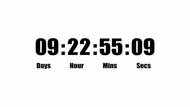 Digital countdown timer display showing nine days, twenty-two hours, fifty-five minutes, and nine seconds on white background