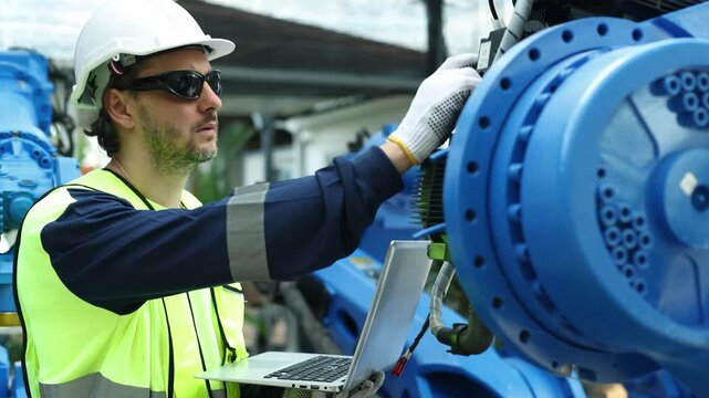 Male robotics engineer knowledge skills inspect electrical systems power supplies and sensors welding robots various points ensure quality welding robot before performing full electrical system test.