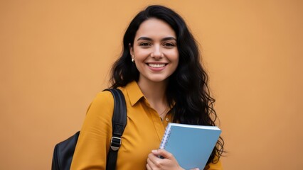 Fototapeta premium Smiling young woman holding a notebook and backpack against orange background