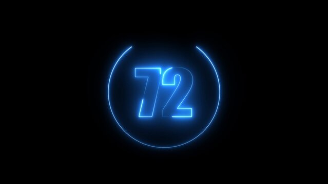 Glowing blue neon number 72 enclosed in a circular frame against a solid black background