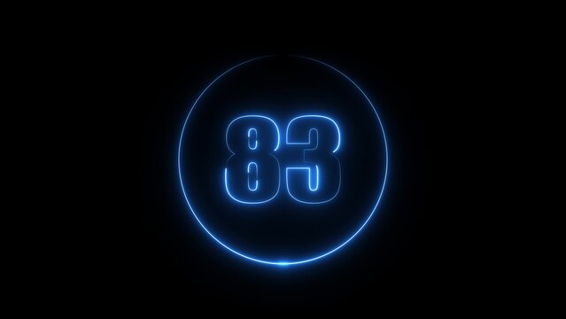Glowing blue neon number 83 inside a circular frame on a solid black background, digital light signage