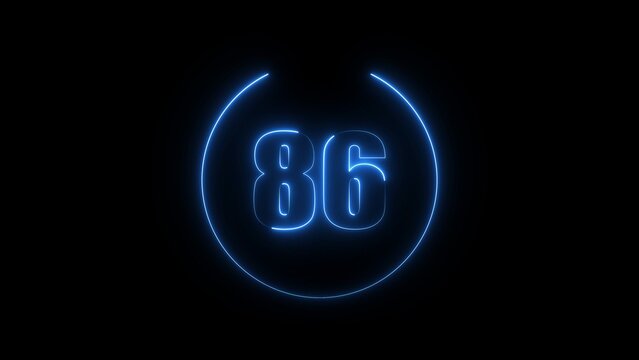 Glowing blue neon number 86 inside a circular frame on a solid black background, digital light effect