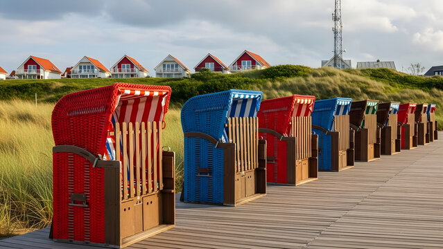 Colorful Strandkorb Beach Chairs Lined Up on a Wooden Promenade Path Near Scenic Dune Cottages During a Sunny Seaside Summer Vacation