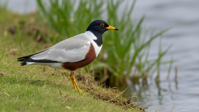 Stunning Close Up Shot of a Black-Headed Lapwing Standing on the Grassy Bank of a Calm Freshwater Lake in Its Natural Wild Habitat