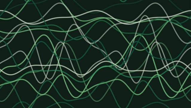Abstract green sound waves on dark background, digital frequency signal pattern, flowing electronic data lines for technology concept