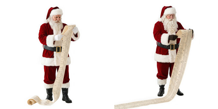 Santa claus holding a long scroll list isolated on transparent background