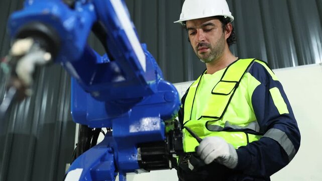 Male robotics technician inspects spare parts repairs robotic arms performs electric welding in the workshop and troubleshoots and restores robots to normal working condition in the workshop.
