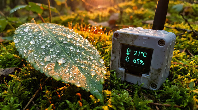 Forest Technology: A leaf covered with water drops rests on moss next to a small sensor device displaying temperature and humidity readings in a sun-dappled forest setting.