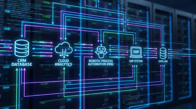 Digital enterprise technology architecture flowchart with CRM database cloud analytics robotic process automation RPA ERP system and data lake integration on dark datacenter server background
