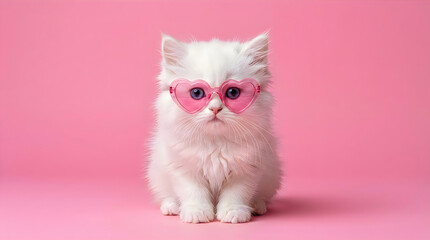 Fototapeta premium Cute fluffy white kitten wearing pink heart shaped glasses looking at camera