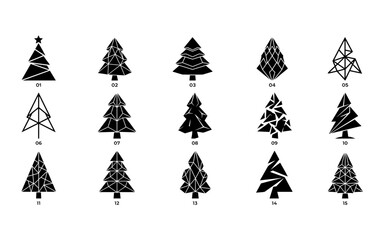 Obraz premium Set of fifteen abstract geometric christmas tree icons in black on a white background for holiday design