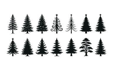 Obraz premium Set of various black silhouettes of christmas trees and pine trees isolated on a white background