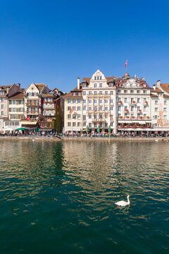 Switzerland, Canton of Lucerne, Lucerne, Old town, river Reuss, Houses with restaurants at riverside