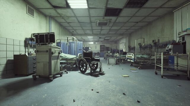 abandoned hospital ward with wheelchair, scattered medical carts and stretcher, flickering fluorescent panels, cracked tiles and peeling paint, debrisstrewn