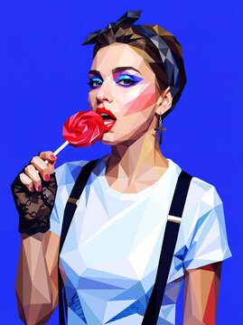 Low poly geometric pop art illustration of a stylish 1980s retro woman eating a lollipop