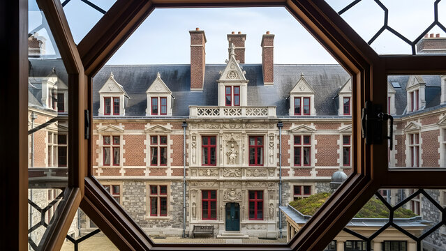 Historical Castle Architecture Viewed Through an Ornate Leadlight Window Frame