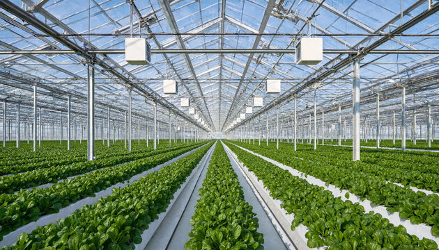 Modern greenhouse hydroponic farm with rows of lush green vegetables greenhouse hydroponics agriculture vegetables cultivation horticulture irrigation facility sustainable production