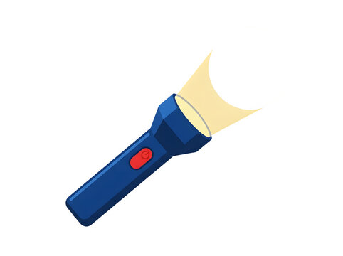 Isometric blue flashlight with a bright yellow beam of light isolated on transparent background