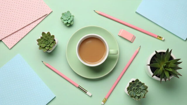 A top view workspace setup featuring a warm coffee cup surrounded by colorful stationery supplies, pastel notebooks, and vibrant succulent plants