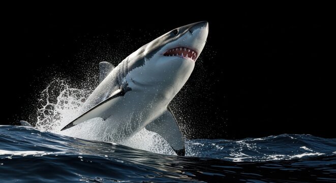 Aggressive great white shark breaching ocean water jaws open