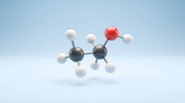 A 3D molecular structure model featuring carbon, hydrogen, and oxygen atoms against a light blue background.