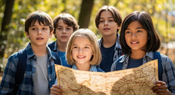 Diverse group of kids using old map for outdoor adventure