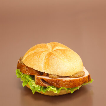 German Leberkaese, Bread roll with liver loaf and mustard, close-up