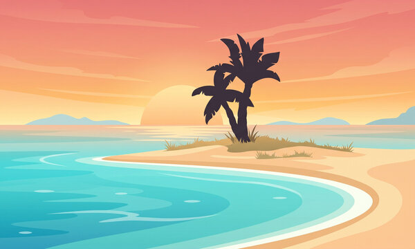 Tropical beach sunset illustration, palm tree silhouette on island, serene ocean landscape with orange sky and turquoise water
