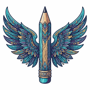 Artistic pencil illustration with intricate tribal wings symbolizing imagination and flying ideas