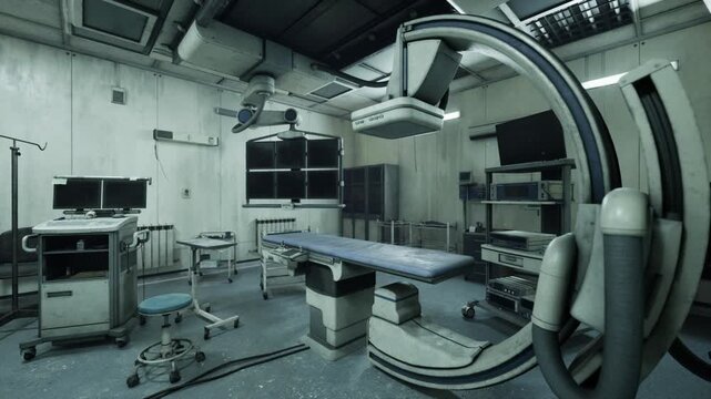 carm procedure room with imaging equipment, monitors and mobile stands, lead shields and tubing, clutter of diagnostic devices, sterile blue tones, readiness